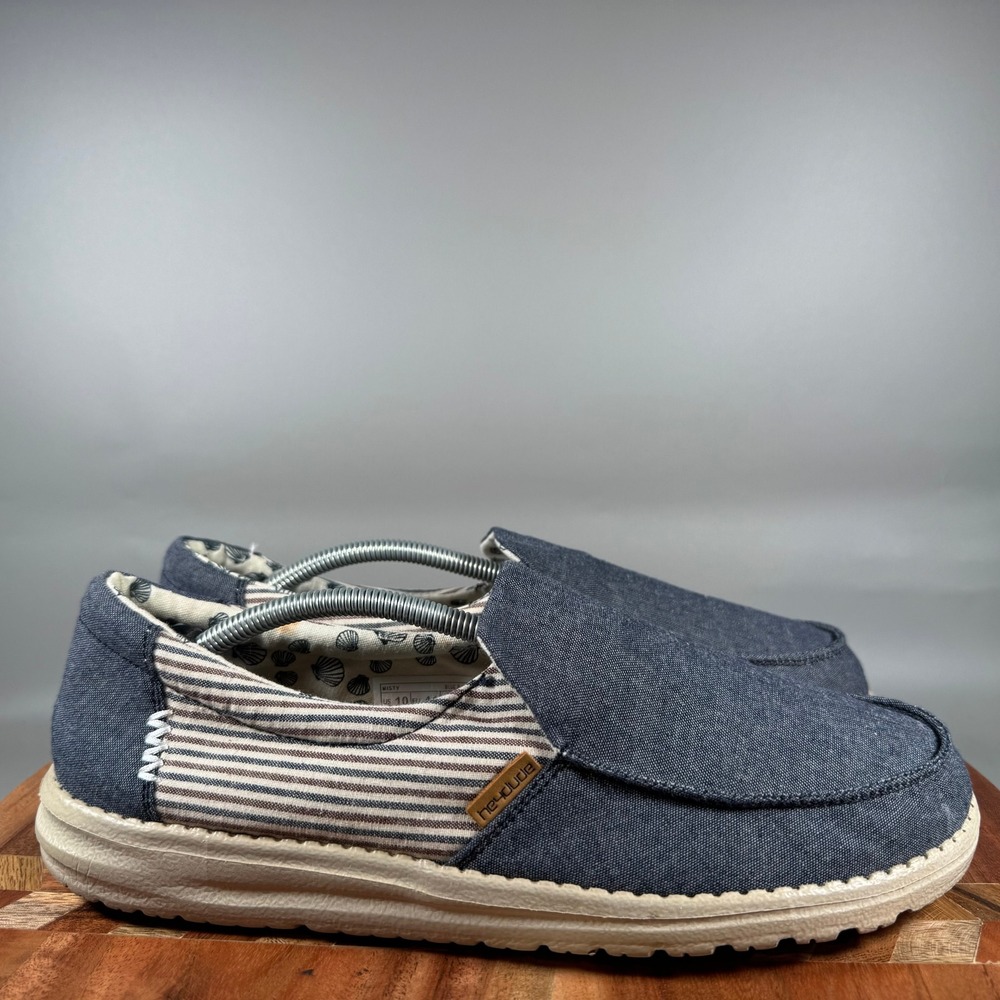 Hey Dude Misty Blue Barbados Women Size 10 Slip On Canvas Loafers Striped Shoes